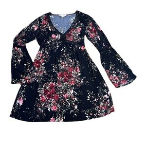 Lovestitch Bell Sleeve Dress Size S Black V-neck Floral Mini A-Line Boho, Fairy
